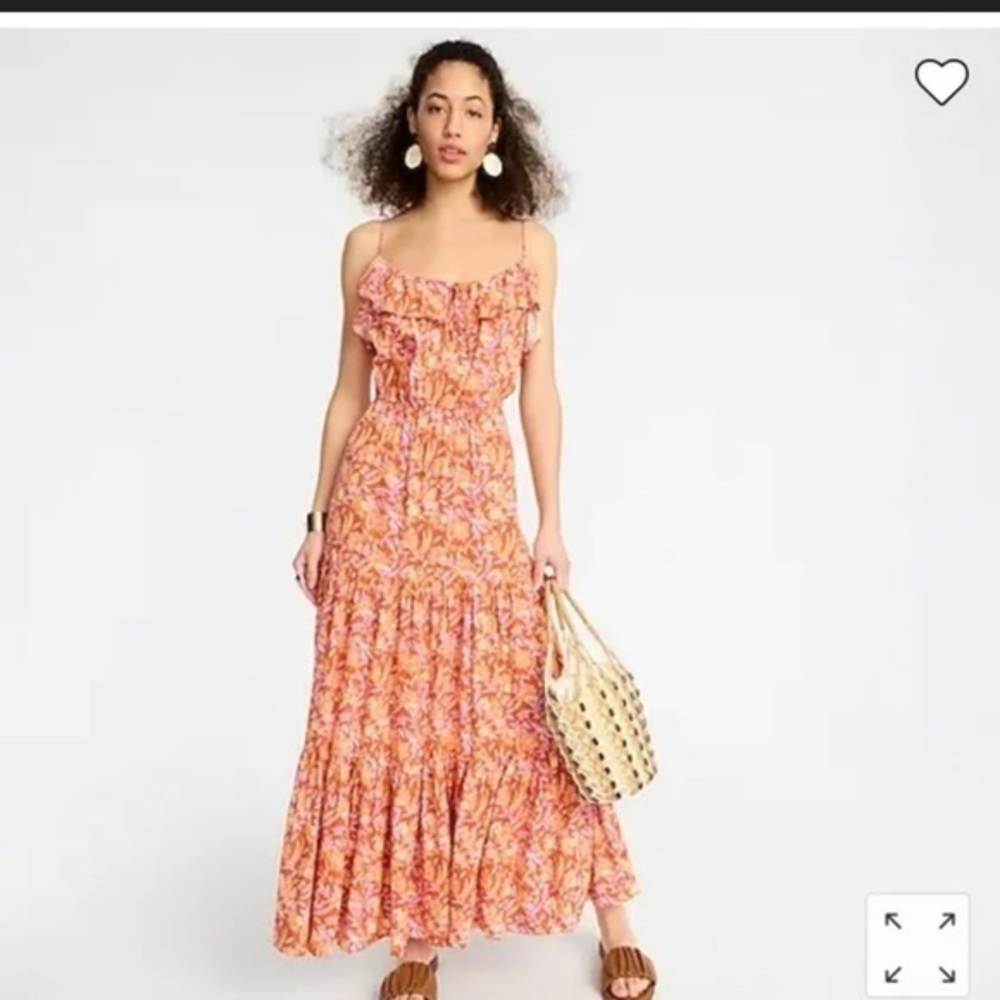 J. Crew orange floral dress spaghetti straps flutter ruffle tiered midi  dress